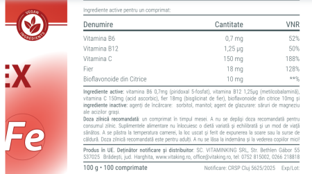 FIER (bisglicinat) 18 mg +VITAMINA B, C + Bioflavonoide, 100 comprimate, Vitaking la Nana Plafar [1]
