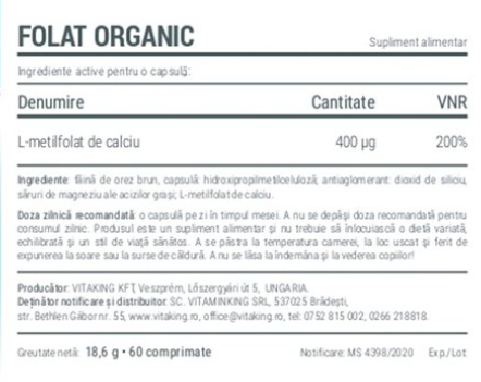 Folat organic 400mcg - 60 capsule, Vitaking [1]
