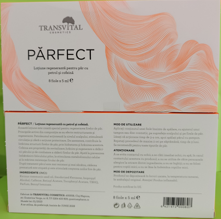 LOTIUNE PENTRU PAR cu PETROL si COFEINA PARFECT 8 fiole x 5 ml, Transvital