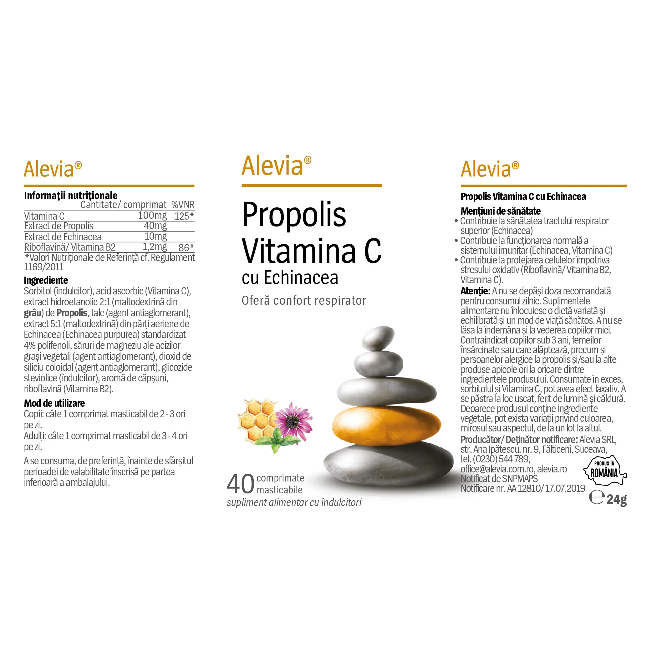 Propolis Vitamina C cu Echinacea si Stevie, 40 comprimate masticabile, Alevia  la Nana Plafar [1]