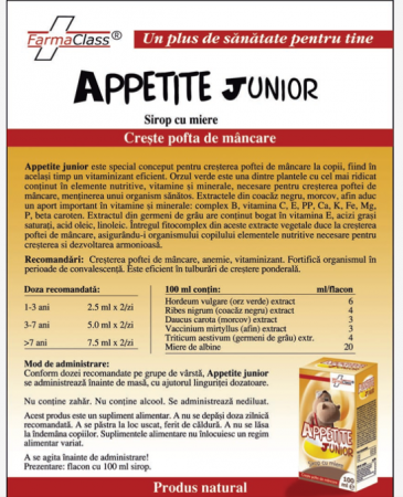 SIROP CU MIERE si EXTRACTE VEGETALE APPETITE JUNIOR, de la 1 AN, 100ml FarmaClass [1]