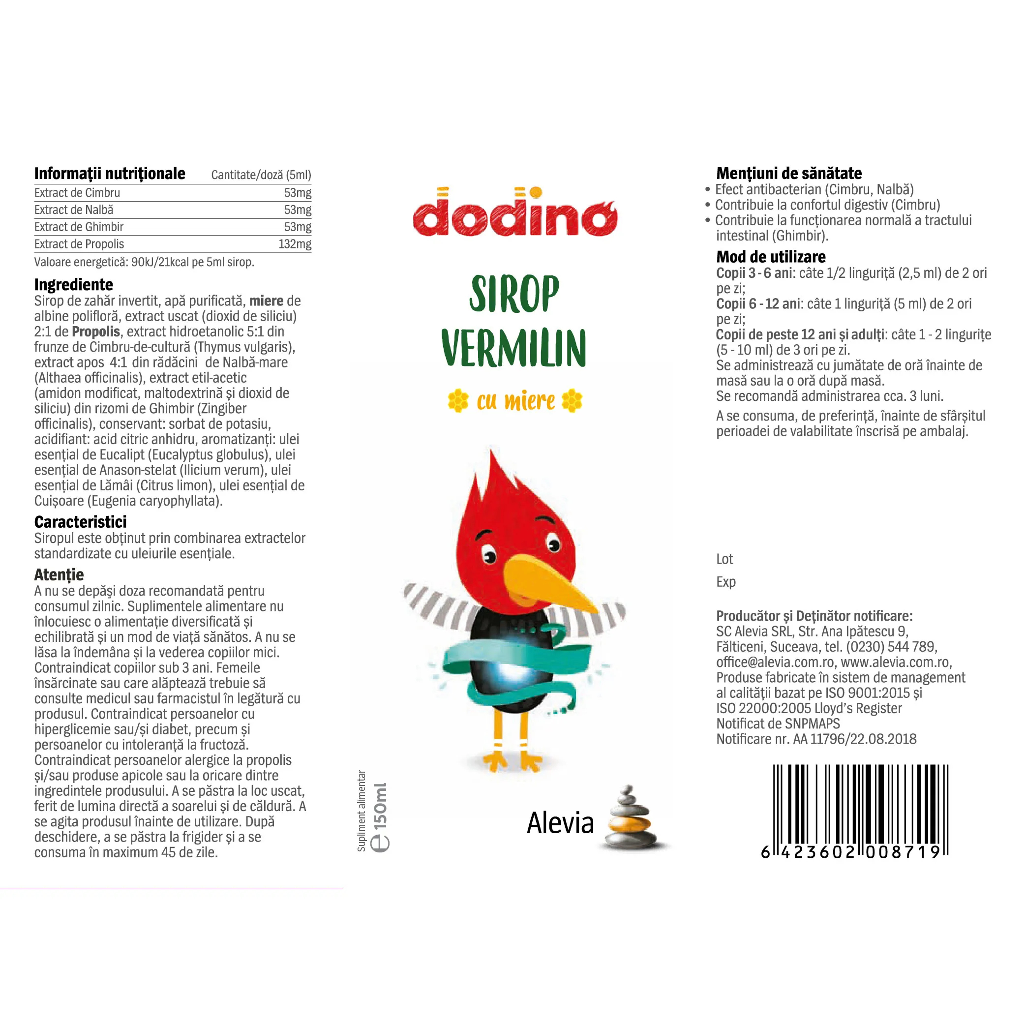 SIROP VERMILIN DODINO JUNIOR, 150 ml, Alevia la Nana Plafar [1]