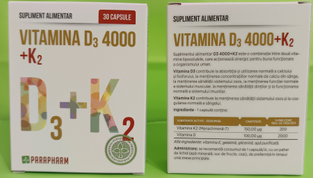 VITAMINA D3  4000UI + K2  pentru ARTICULATII 30 capsule, Parapharm [2]