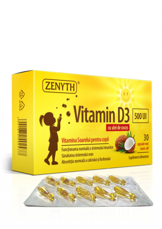 SUPLIMENTE-capsule si lichide - VITAMINA D3 500 UI cu ulei de cocos pentru copii, 30 capsule moi Zenyth