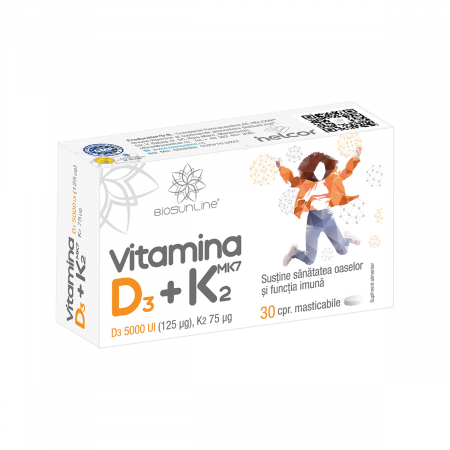 Vitamina D3 + K2,   30 comprimate masticabile, BioSunLine Helcor