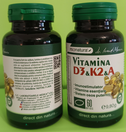 Vitamina D3 K2 A, 60 capsule gelatinoase Pro Natura Medica la Nana Plafar [1]