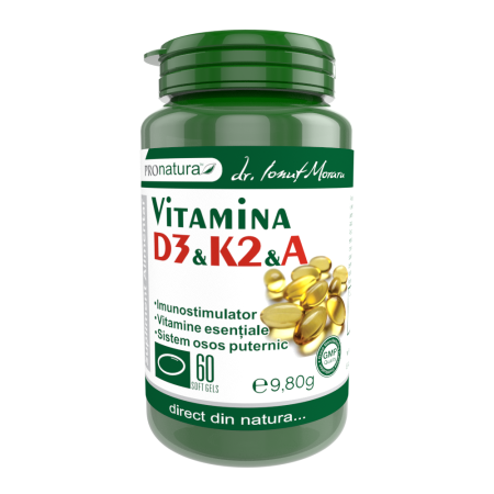 multivitamine si minerale - Vitamina D3 K2 A, 60 capsule gelatinoase Pro Natura Medica la Nana Plafar