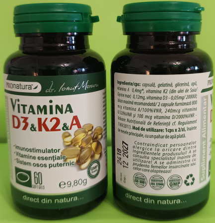 Vitamina D3 K2 A, 60 capsule gelatinoase Pro Natura Medica la Nana Plafar [2]
