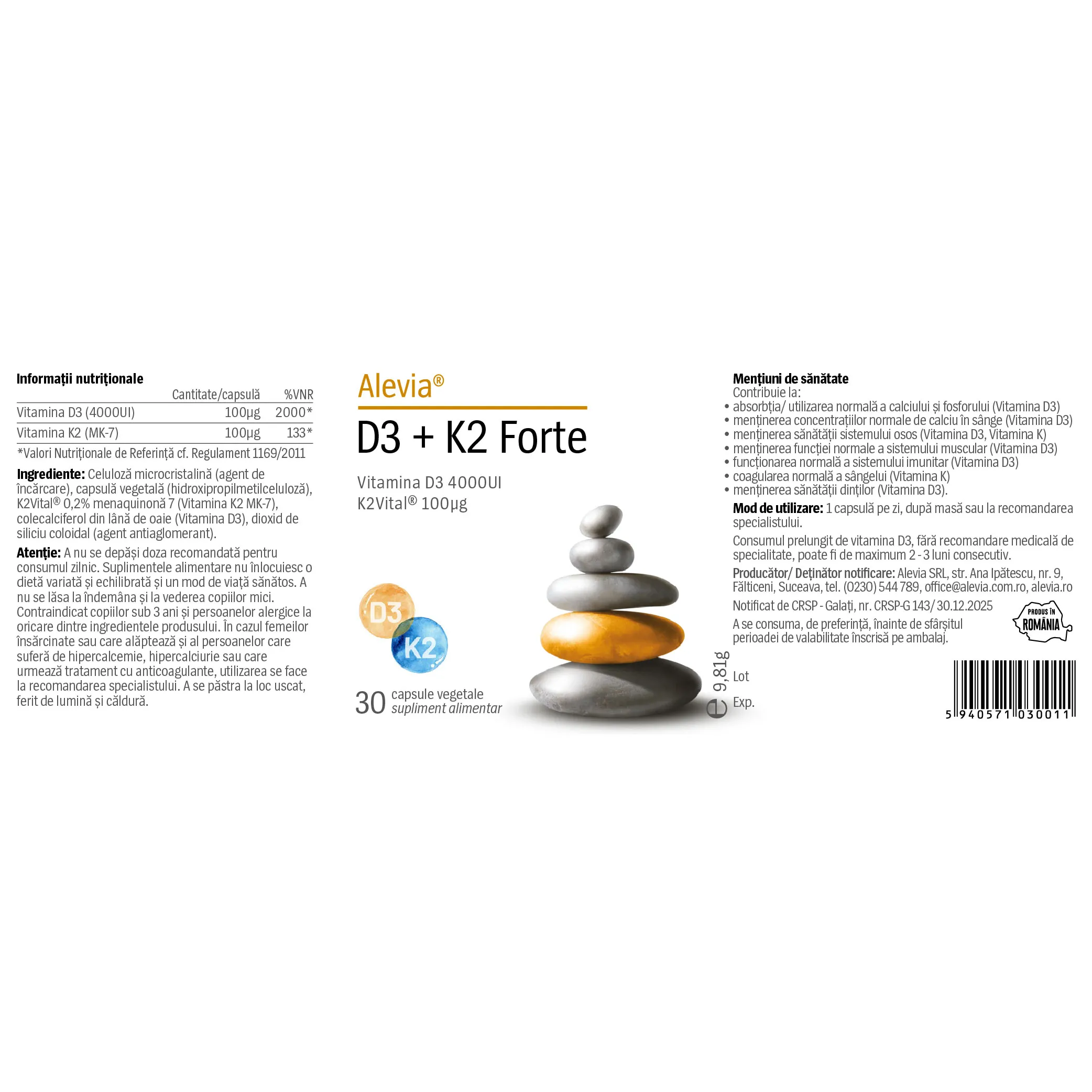 Vitamina D3 + vitamina K2, 30 capsule, Alevia [1]