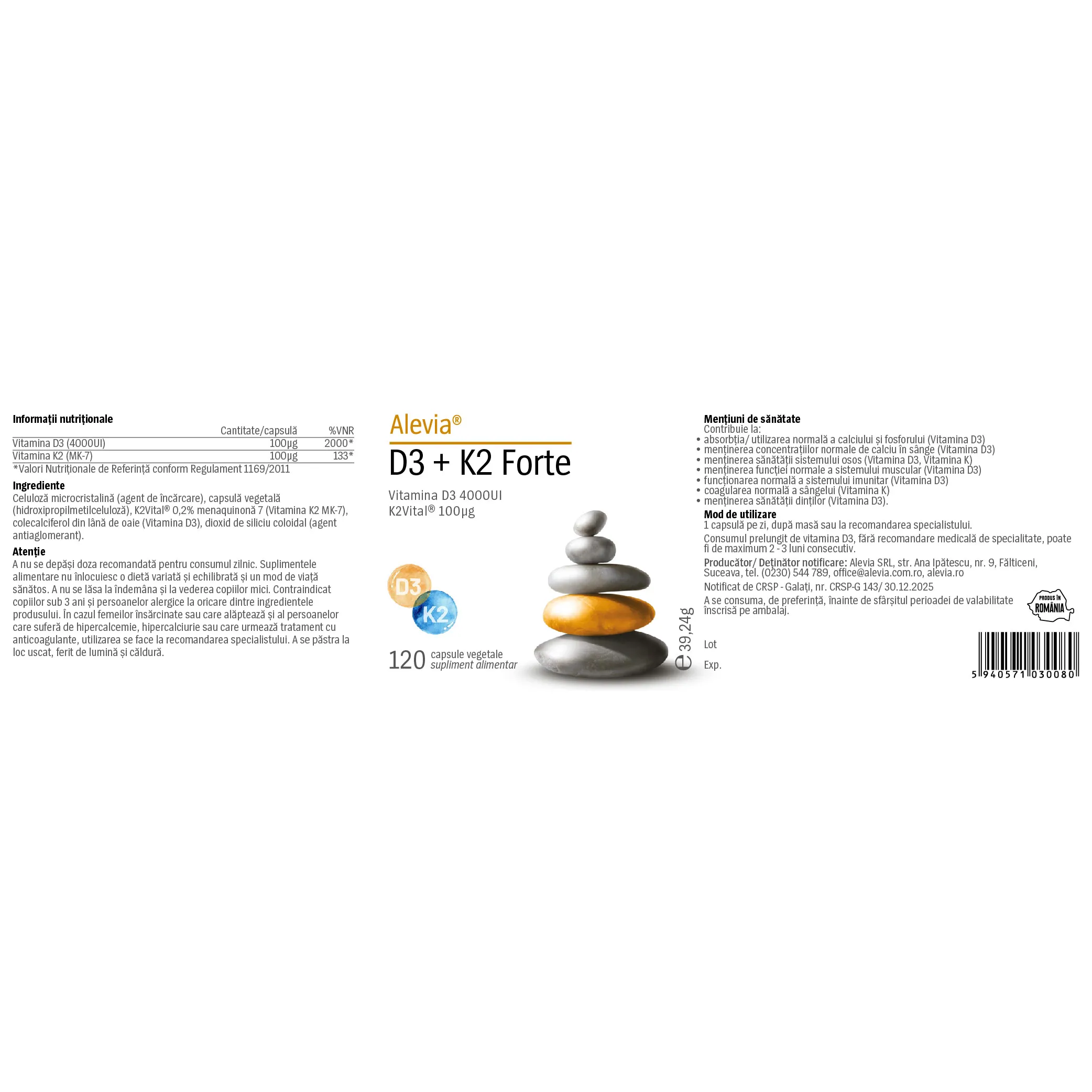 Vitamina D3 + Vitamina K2 FORTE, 120 capsule vegetale, Alevia la Nana Plafar [1]
