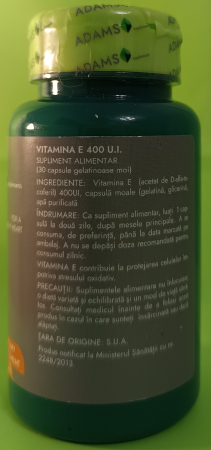 VITAMINA E-400 naturala, 30 capsule moi, Adams Supplements la Nana Plafar [2]