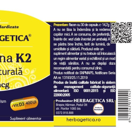 VITAMINA K2 MK7 NATURALA Herbagetica la Nana Plafar [2]