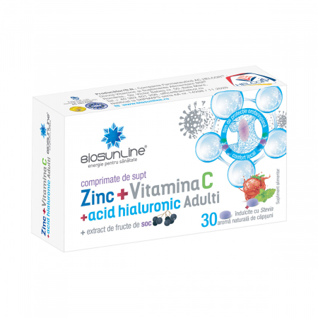 vitamine - ZINC cu vitamina C si Acid Hialuronic ADULTI, 30 comprimate de supt, BioSunLine Helcor