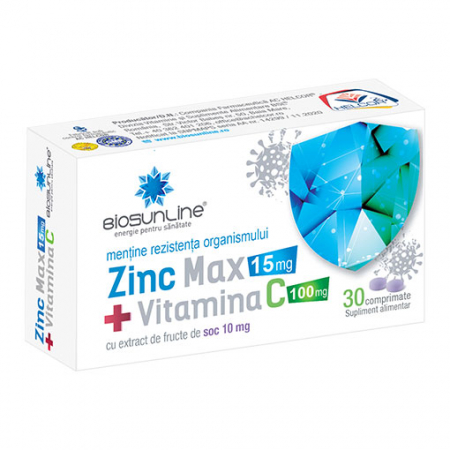 Imunitate adulti - ZINC MAX + VITAMINA C si fructe de SOC negru, 30 comprimate, BioSunLine Helcor