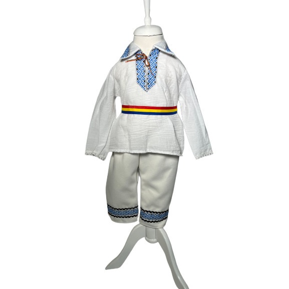 Costum popular cu paltonas, broderie alb/albastru [3]