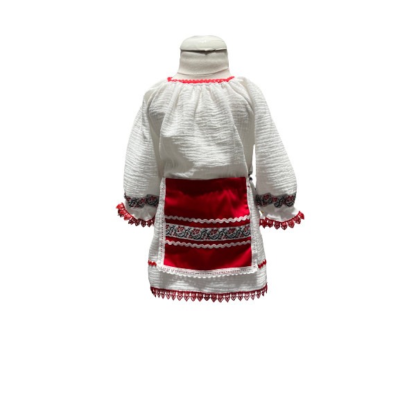 Costum popular fetite cu cojoc, broderie alb/rosu, 4 piese [6]