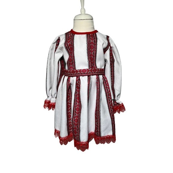 Costum tradional fetite 3 piese, paltonas alb, rochita alb/rosu, brau alb/rosu [2]