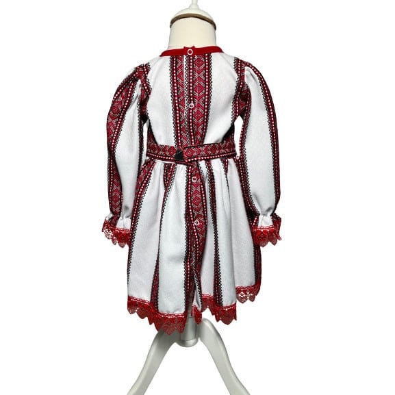 Costum tradional fetite 3 piese, paltonas alb, rochita alb/rosu, brau alb/rosu [4]