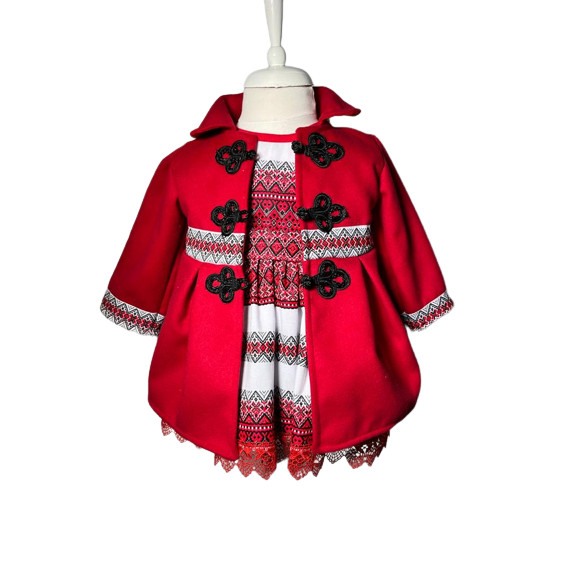 Costum tradional fetite, 3 piese, paltonas, rochita, brau, broderie alb/rosu [1]