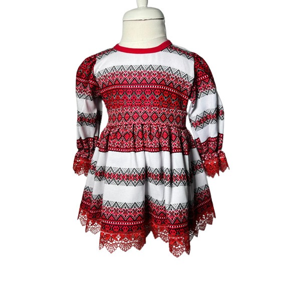 Costum tradional fetite, 3 piese, paltonas, rochita, brau, broderie alb/rosu [3]