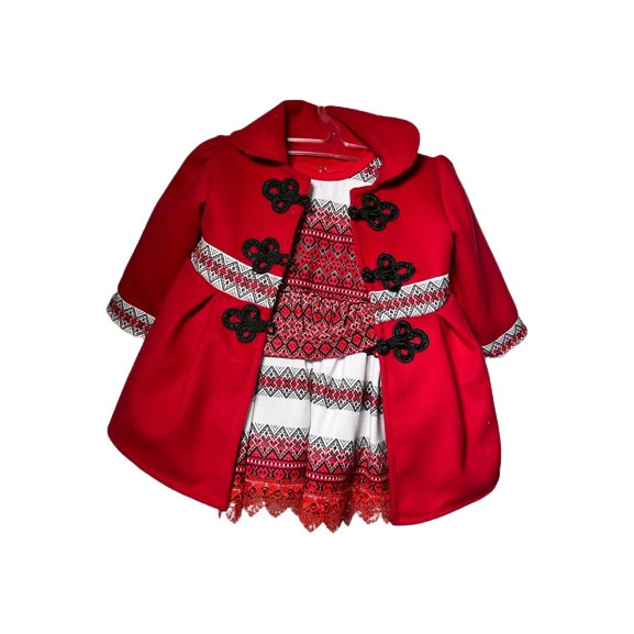 Costum tradional fetite, 3 piese, paltonas, rochita, brau, broderie alb/rosu [5]