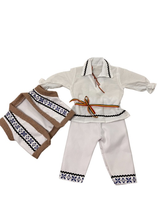 Costum traditional baieti cu cojoc, broderie alb/albastru, premium [1]