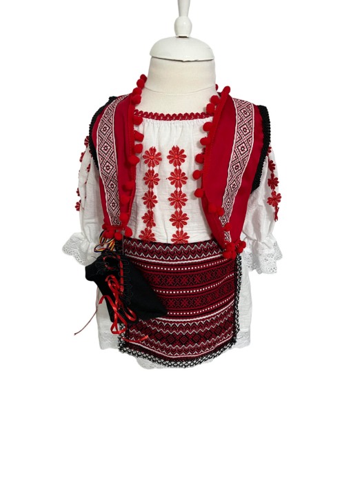 Costum traditional fete cu vesta, alb/rosu, 5 piese [1]