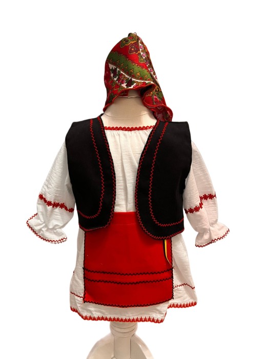Costum traditional fete cu vesta, alb/rosu/negru, 4 piese [1]