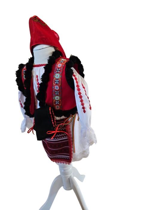 Costum traditional fete cu vesta, alb/rosu/negru, 5 piese [2]