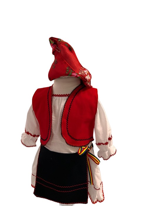 Costum traditional fete cu vesta rosie, alb/rosu/negru, 4 piese [3]