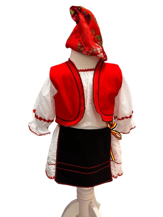Costum traditional fete cu vesta rosie, alb/rosu/negru, 4 piese [1]