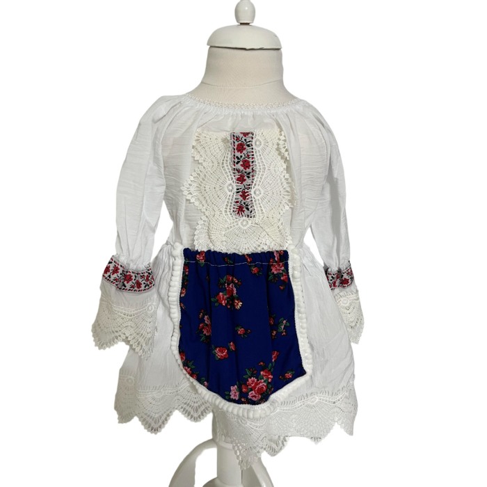 Costum traditional fete imprimeu floral, albastru/alb [5]