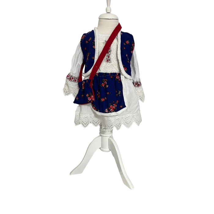 Costum traditional fete imprimeu floral, albastru/alb [6]