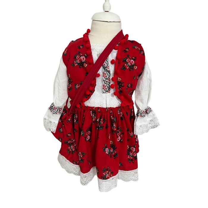Costum traditional fete imprimeu floral, rosu/alb [1]