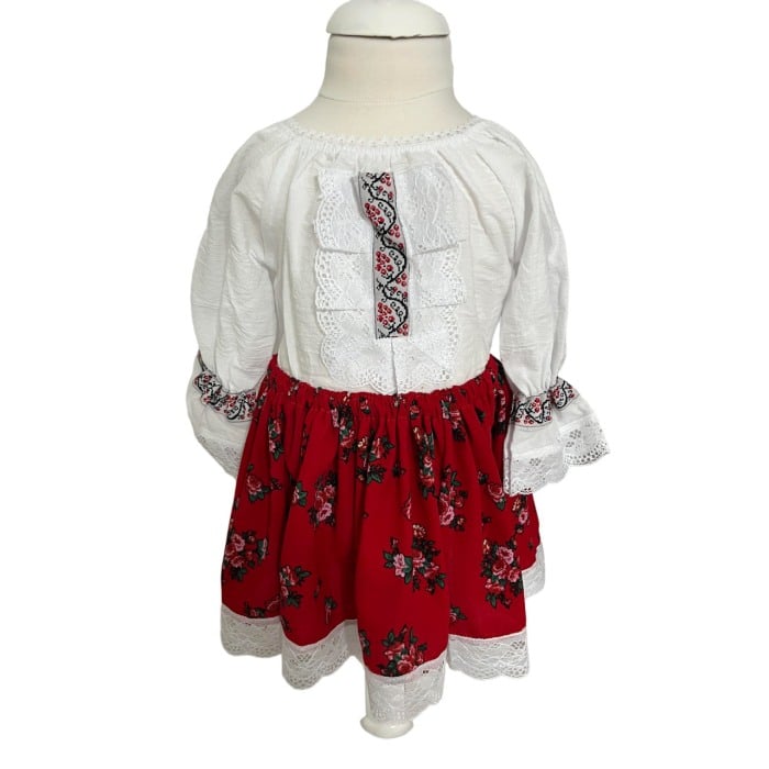 Costum traditional fete imprimeu floral, rosu/alb [5]