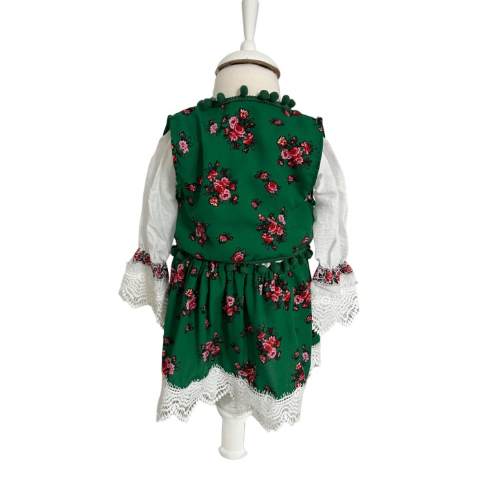 Costum traditional fete imprimeu floral, verde/alb [3]