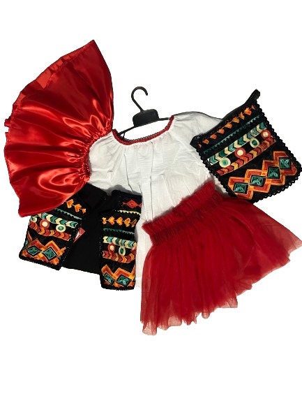 Costum traditional fetite cu vesta, culoare alb/rosu/negru, 5 piese [4]