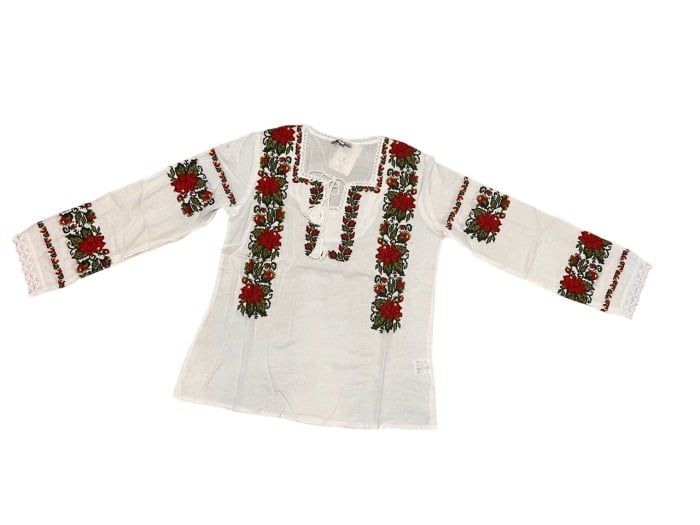 Ie traditionala , alba, broderie cu motiv floral galben/negru/rosu/verde, femei [1]