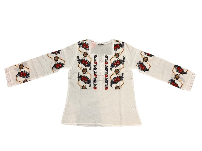 Ie traditionala , alba, broderie cu motiv floral multiolor, femei [1]