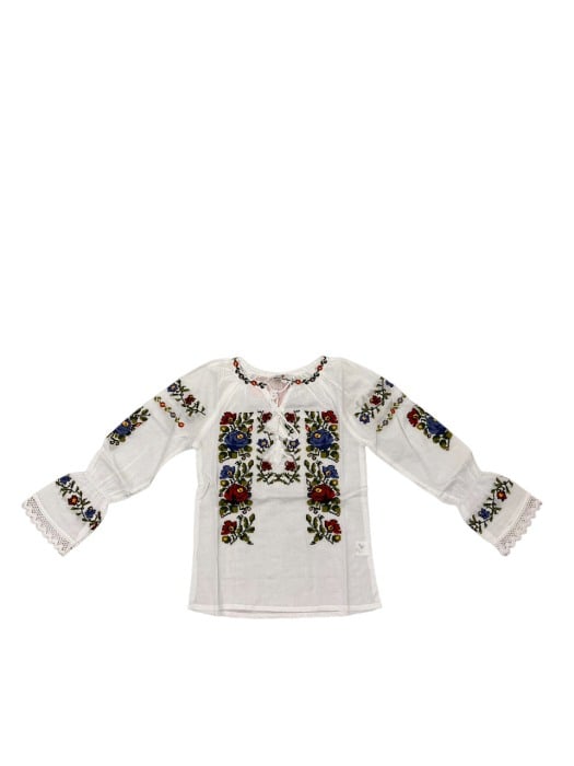 Ie traditionala fete cu maneci bufante, alba, broderie cu flori multicolor [1]