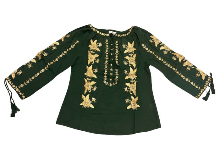 Ie traditionala, verde, broderie cu motiv floral auriu, femei [1]