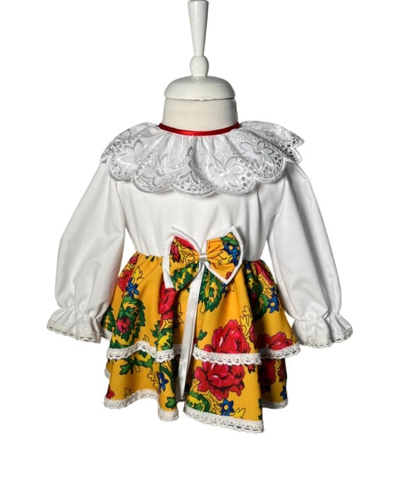 Rochie fetite casual, elganta, culoare alba/galben multicolor cu fundita [1]
