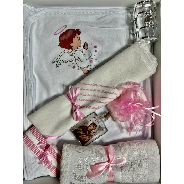 Trusou botez fetite, ingeras, culoare alb/roz bombon, 8 piese [3]