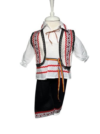 Hainute botez - Costum popular baieti cu vesta, alb/rosu/negru, 4 piese