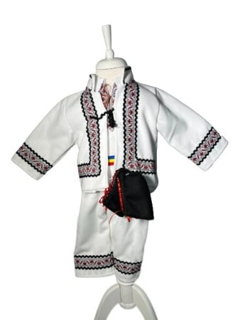 Botez - Costum popular cu paltonas, broderie alb/rosu