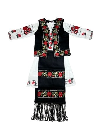 Costume populare copii - Costum popular, fete, culoare rosu/alb/negru, 3 piese