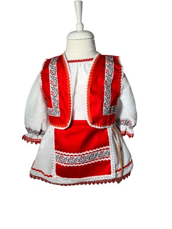 Hainute botez - Costum popular fetite , broderie alb/rosu, 4 piese