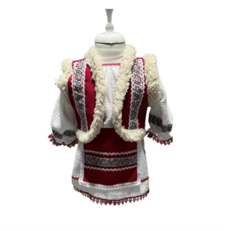 Botez - Costum popular fetite cu cojoc, broderie alb/rosu, 4 piese