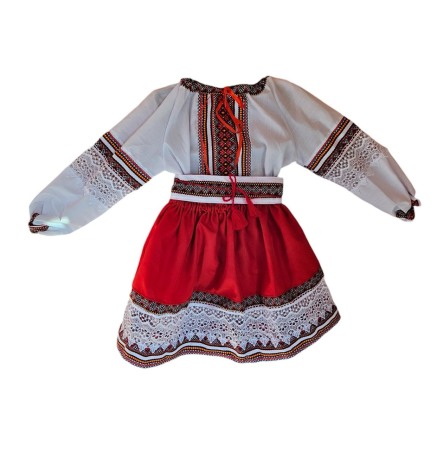 Costume populare copii - Costum popular pentru fete, rosu cu dantela