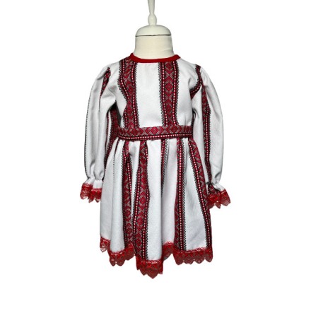 Costum tradional fetite 3 piese, paltonas alb, rochita alb/rosu, brau alb/rosu [1]